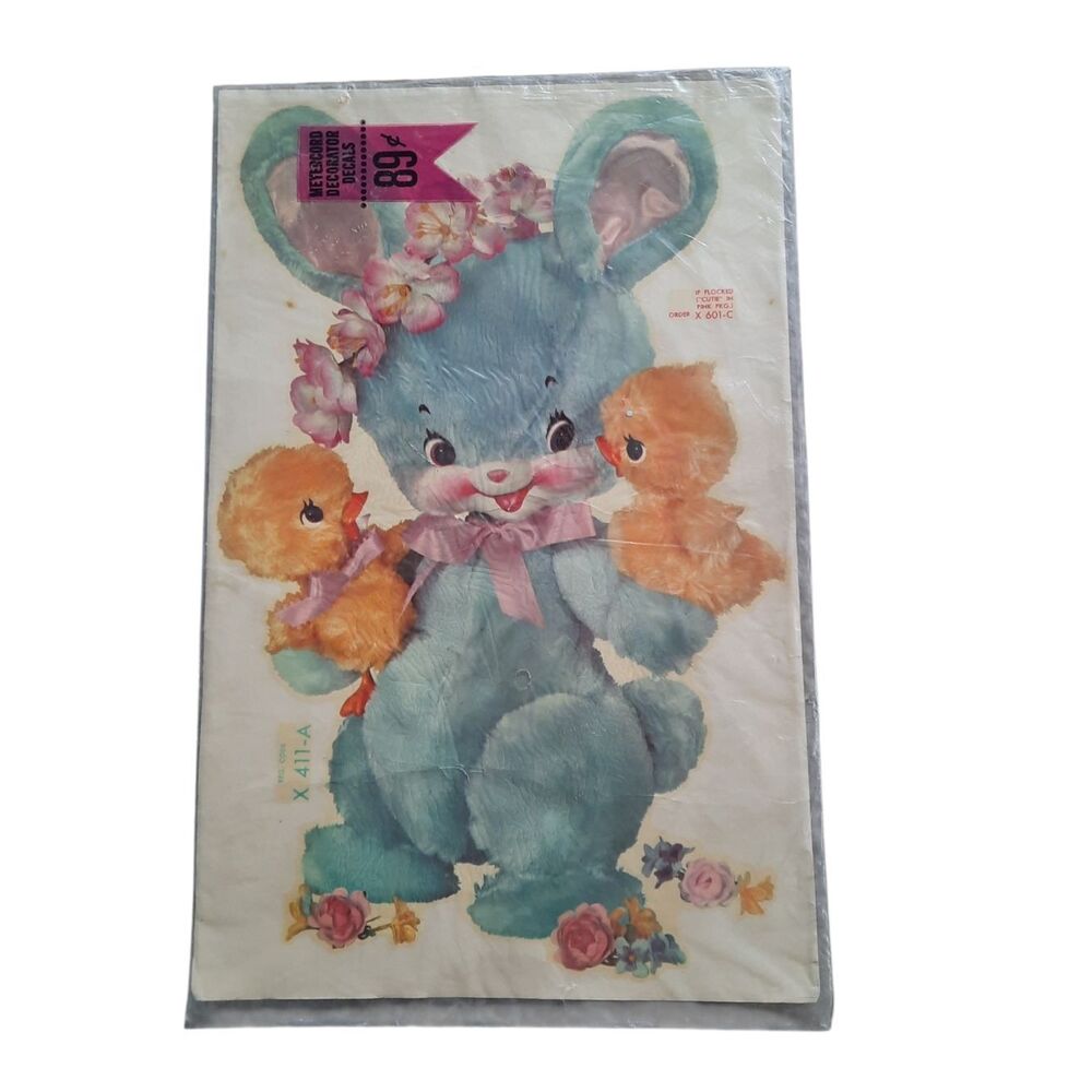 Vintage Blue Bunny Wall Art Print with Chicks